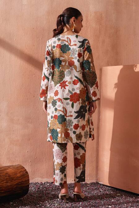 Seema Nanda_Multi Color Cotton, Poplin Round Neck Floral Print Sharvani Kurta Set _Online_at_Aza_Fashions