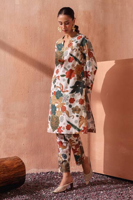 Shop_Seema Nanda_Multi Color Cotton, Poplin Round Neck Floral Print Sharvani Kurta Set _Online_at_Aza_Fashions