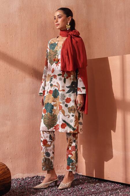 Seema Nanda_Multi Color Cotton, Poplin Round Neck Floral Print Sharvani Kurta Set _at_Aza_Fashions