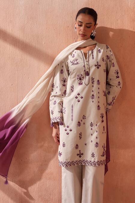 Buy_Seema Nanda_Beige Cotton, Poplin Embroidery Round Neck Varnika Kurta Set _Online_at_Aza_Fashions