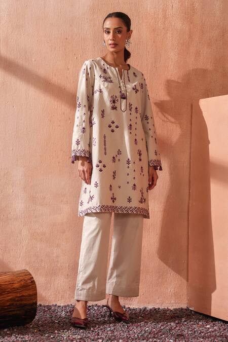 Shop_Seema Nanda_Beige Cotton, Poplin Embroidery Round Neck Varnika Kurta Set 