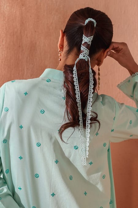 Seema Nanda_Aqua Cotton, Poplin Embroidery Mandarin Collar Blue Falak Kurta Set _Online_at_Aza_Fashions
