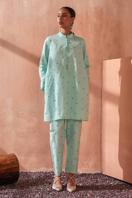 Shop_Seema Nanda_Aqua Cotton, Poplin Embroidery Mandarin Collar Blue Falak Kurta Set _Online_at_Aza_Fashions