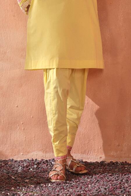 Seema Nanda_Yellow Cotton, Poplin Embroidery Round Neck Lemon Nooriya Kurta Set _Online_at_Aza_Fashions