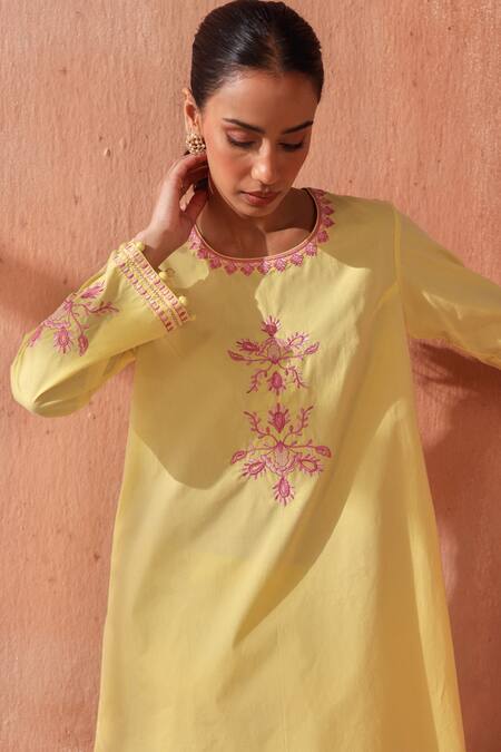 Buy_Seema Nanda_Yellow Cotton, Poplin Embroidery Round Neck Lemon Nooriya Kurta Set _Online_at_Aza_Fashions