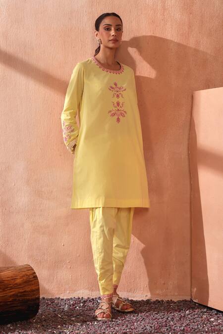 Shop_Seema Nanda_Yellow Cotton, Poplin Embroidery Round Neck Lemon Nooriya Kurta Set _Online_at_Aza_Fashions