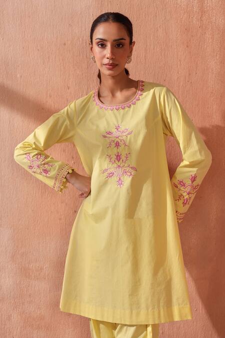 Buy_Seema Nanda_Yellow Cotton, Poplin Embroidery Round Neck Lemon Nooriya Kurta Set 