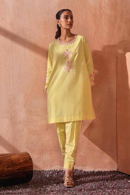 Shop_Seema Nanda_Yellow Cotton, Poplin Embroidery Round Neck Lemon Nooriya Kurta Set 