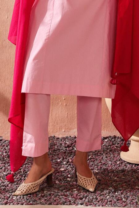 Seema Nanda_Pink Cotton, Poplin Embroidery Round Neck Fiza Kurta Set _Online_at_Aza_Fashions
