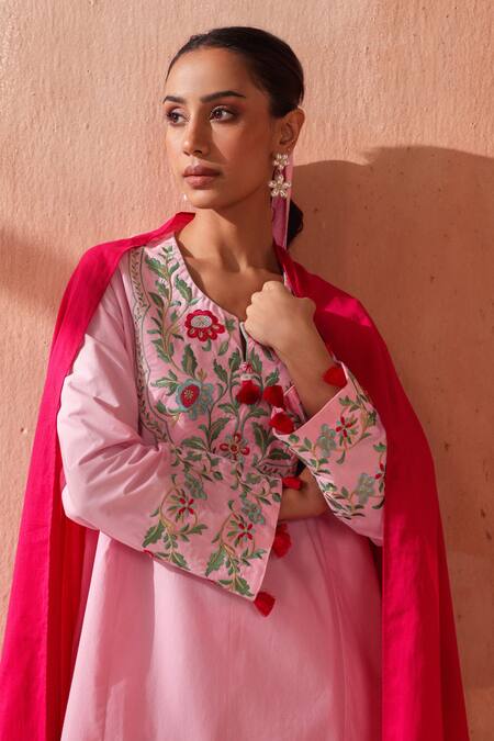 Buy_Seema Nanda_Pink Cotton, Poplin Embroidery Round Neck Fiza Kurta Set _Online_at_Aza_Fashions