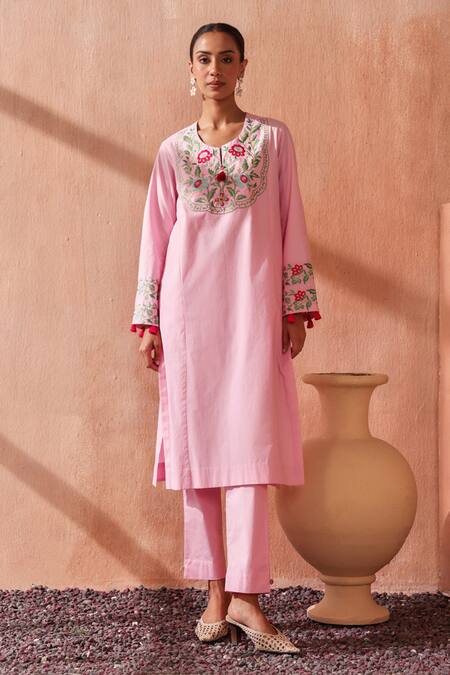 Seema Nanda_Pink Cotton, Poplin Embroidery Round Neck Fiza Kurta Set _at_Aza_Fashions