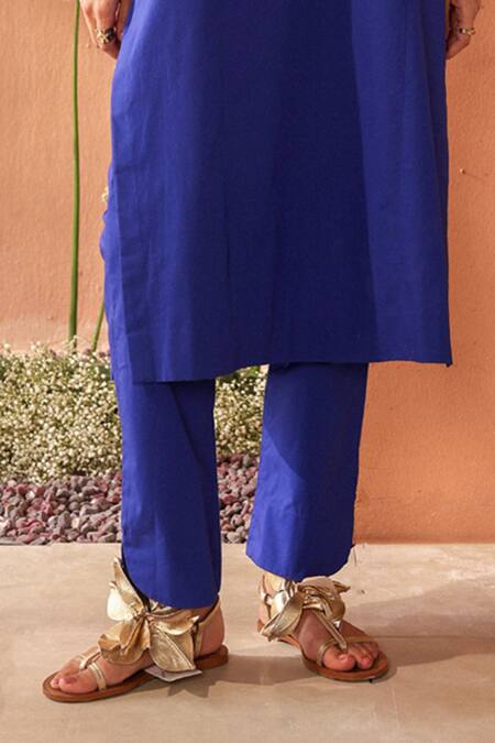 Seema Nanda_Blue Cotton, Poplin Round Neck Electric Neelambar Kurta Set _Online_at_Aza_Fashions