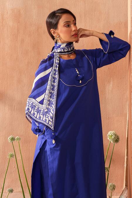 Buy_Seema Nanda_Blue Cotton, Poplin Round Neck Electric Neelambar Kurta Set _Online_at_Aza_Fashions