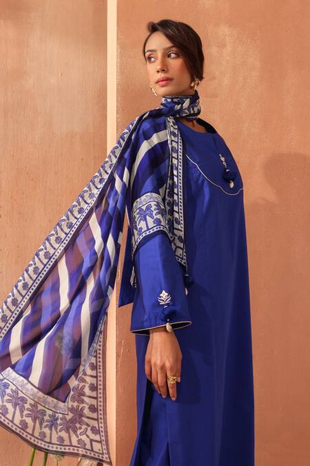 Shop_Seema Nanda_Blue Cotton, Poplin Round Neck Electric Neelambar Kurta Set _Online_at_Aza_Fashions