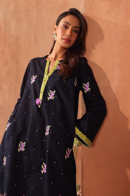 Shop Seema Nanda Blue Cotton, Poplin Embroidery Round Neck Midnight Kashish Kurta Set Online at Aza Fashions Shop_Seema Nanda_Blue Cotton, Poplin Embroidery Round Neck Midnight Kashish Kurta Set _Online_at_Aza_Fashions