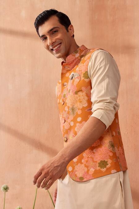 Seema Nanda_Mustard Silk, Chanderi Embroidery Yellow Bundi _Online_at_Aza_Fashions