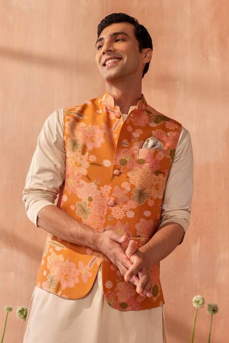 Buy_Seema Nanda_Mustard Silk, Chanderi Embroidery Yellow Bundi _Online_at_Aza_Fashions