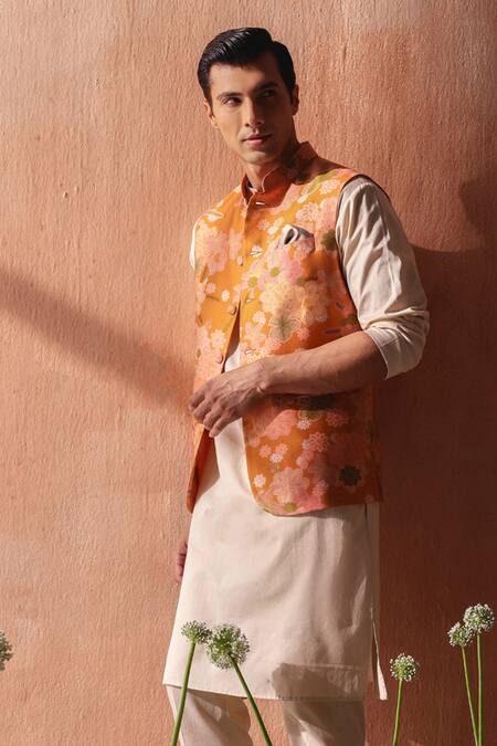 Shop_Seema Nanda_Mustard Silk, Chanderi Embroidery Yellow Bundi _Online_at_Aza_Fashions