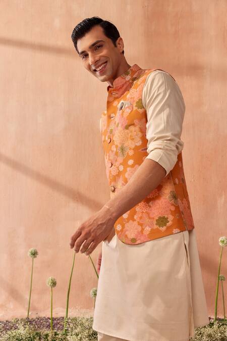 Buy_Seema Nanda_Mustard Silk, Chanderi Embroidery Yellow Bundi 