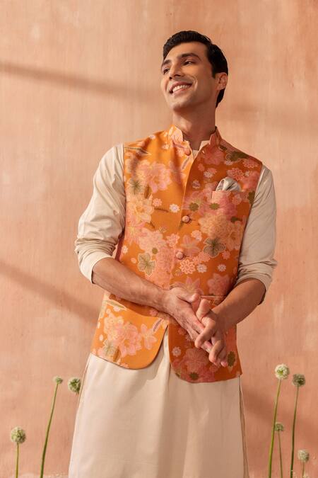 Shop_Seema Nanda_Mustard Silk, Chanderi Embroidery Yellow Bundi 