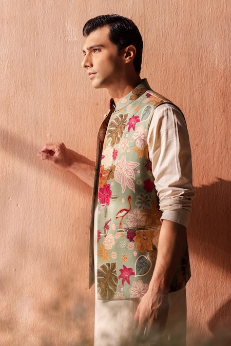 Seema Nanda_Green Chanderi Silk Embroidery Floral Sage Bundi _Online_at_Aza_Fashions