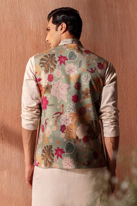 Seema Nanda Floral Sage Green Chanderi Silk Bundi 