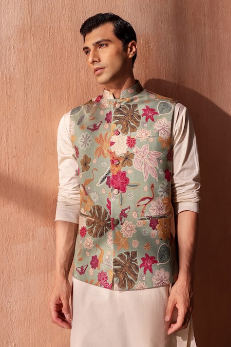 Seema Nanda Floral Sage Green Chanderi Silk Bundi 