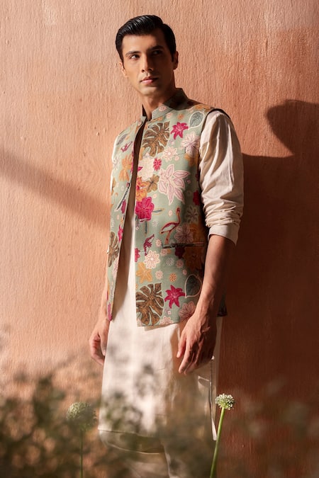 Buy_Seema Nanda_Green Chanderi Silk Embroidery Floral Sage Bundi _Online_at_Aza_Fashions