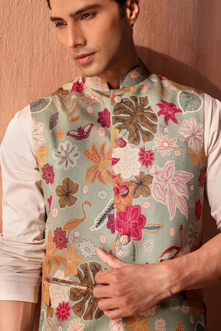 Shop_Seema Nanda_Green Chanderi Silk Embroidery Floral Sage Bundi _Online_at_Aza_Fashions