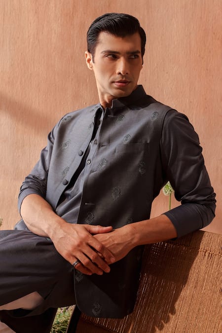 Seema Nanda_Charcoal Chanderi Silk Embroidery Grey Bundi _Online_at_Aza_Fashions