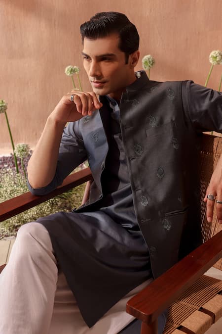 Buy_Seema Nanda_Charcoal Chanderi Silk Embroidery Grey Bundi _Online_at_Aza_Fashions