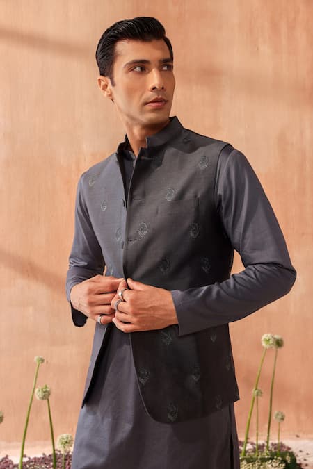 Shop_Seema Nanda_Charcoal Chanderi Silk Embroidery Grey Bundi _Online_at_Aza_Fashions