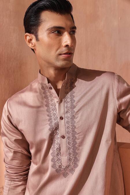 Buy_Seema Nanda_Brown Cotton Embroidery Light Giza Kurta Set _Online_at_Aza_Fashions