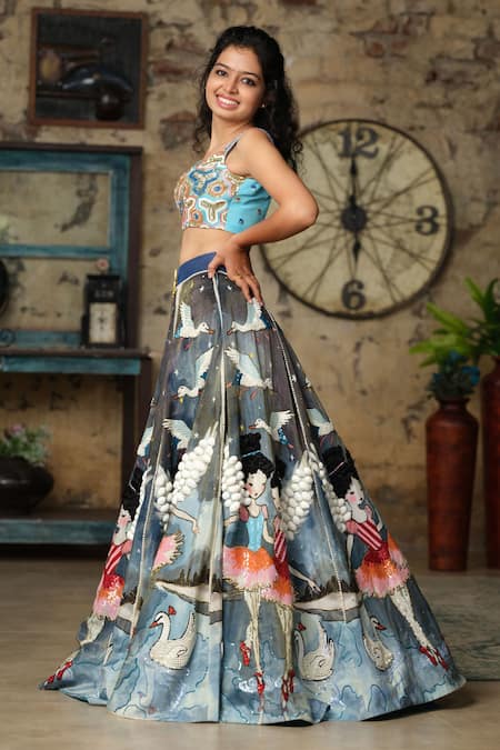 House Of Akshata Dark Blue Hand Embroidered Lehenga Set 