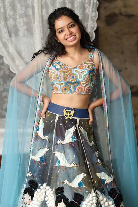 Buy_House Of Akshata_Blue Tissue, Georgette, Net Embroidery Round Neck Dark Hand Lehenga Set _Online_at_Aza_Fashions