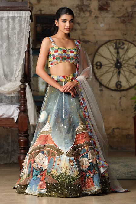 Shop_House Of Akshata_Multi Color Georgette, Tissue, Net Embroidery The Garden Of Wishes Lehenga Set _Online_at_Aza_Fashions