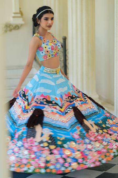 Shop House Of Akshata Blue Organza, Satin Fabric Flowers, Embroidery Round Cyan Storyland Lehenga Set Online at Aza Fashions Shop_House Of Akshata_Blue Organza, Satin Fabric Flowers, Embroidery Round Cyan Storyland Lehenga Set _Online_at_Aza_Fashions