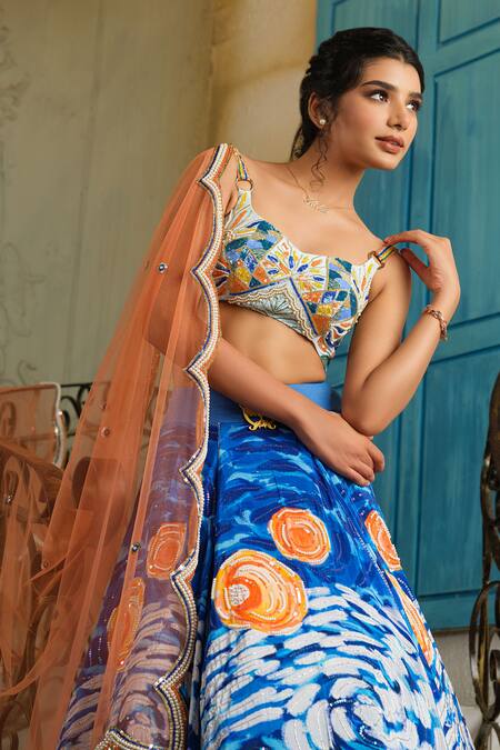 Shop_House Of Akshata_Blue Georgette, Crepe, Net Embroidery, Sequins Round Starry Night Lehenga Set _Online_at_Aza_Fashions