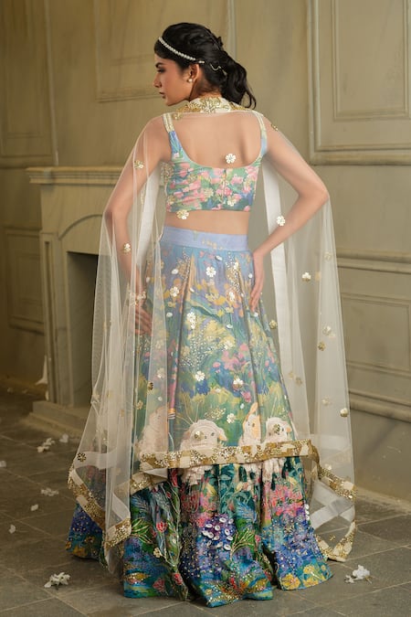 House Of Akshata Pastel Blue Hand Embroidered Lehenga Set 