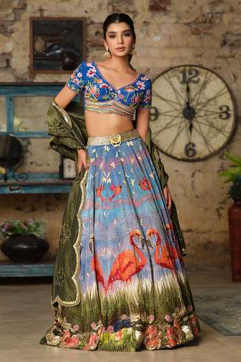House Of Akshata Blue Georgette, Tissue Embroidery Round Abstract Luminous Flamingo Lehenga Set Online at Aza Fashions House Of Akshata_Blue Georgette, Tissue Embroidery Round Abstract Luminous Flamingo Lehenga Set _Online_at_Aza_Fashions