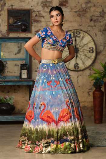 Buy House Of Akshata Blue Georgette, Tissue Embroidery Round Abstract Luminous Flamingo Lehenga Set Online at Aza Fashions Buy_House Of Akshata_Blue Georgette, Tissue Embroidery Round Abstract Luminous Flamingo Lehenga Set _Online_at_Aza_Fashions
