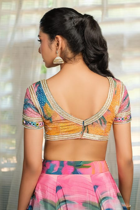 Buy_House Of Akshata_Multi Color Crepe, Tissue Embroidery, Sequins Round The Sky Is Pink Lehenga Set _Online_at_Aza_Fashions