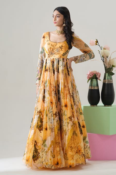 House Of Akshata Golden Bloom Organza Gown 
