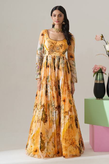 House Of Akshata_Orange Organza Embroidery Square Neck Golden Bloom Gown _Online_at_Aza_Fashions