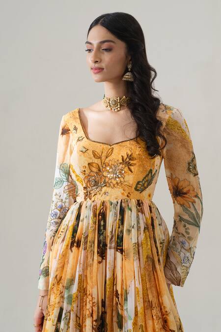 Buy_House Of Akshata_Orange Organza Embroidery Square Neck Golden Bloom Gown _Online_at_Aza_Fashions