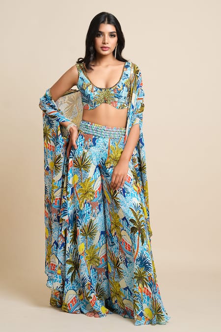 House Of Akshata_Multi Color Georgette Embroidery V-, Scoop Multi-colour Hand Coord Set _at_Aza_Fashions