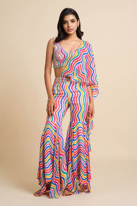 House Of Akshata Multi Color Georgette Sequins, Beads V-neck Vibrant Elegance Drape Sharara Set 