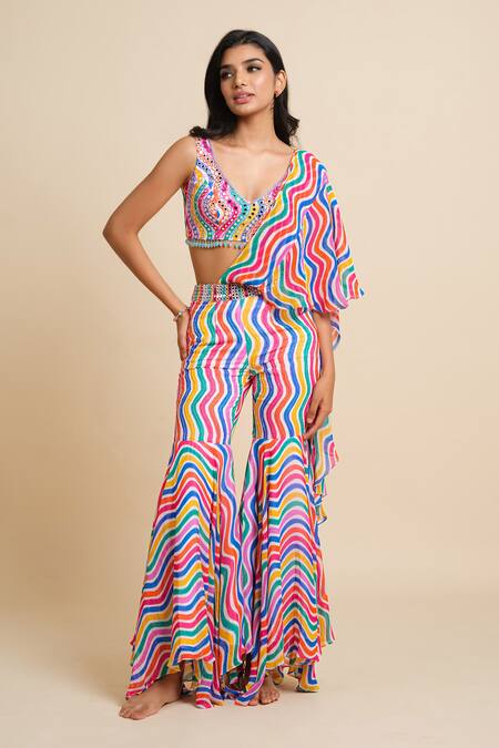 House Of Akshata_Multi Color Georgette Sequins, Beads V-neck Vibrant Elegance Drape Sharara Set _Online_at_Aza_Fashions