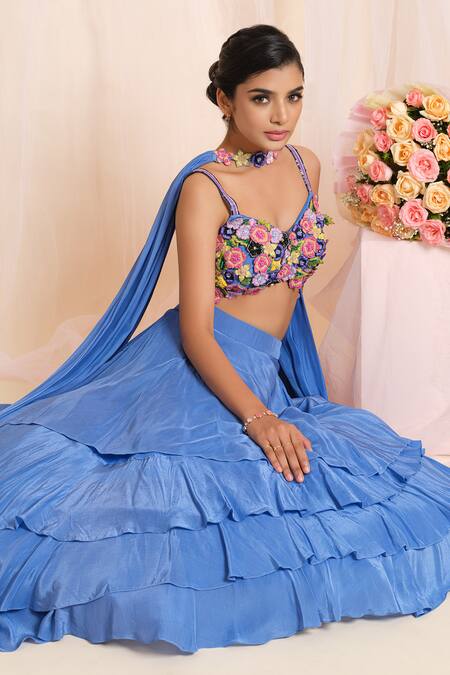 Buy_House Of Akshata_Blue Crepe Embroidery Round Neck Floral Ruffle Skirt Set _Online_at_Aza_Fashions