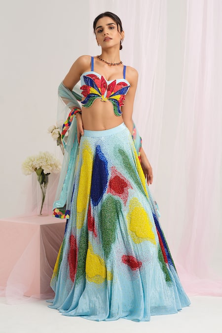 House Of Akshata Multi Color Crepe, Net Sequins, Embroidery Asymmetric Elegance Lehenga Set 